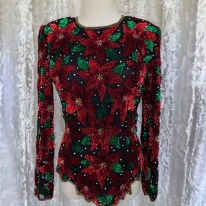Unbelievable Vintage Laurence Kazar Beaded Poinsietta Holiday Blouse
